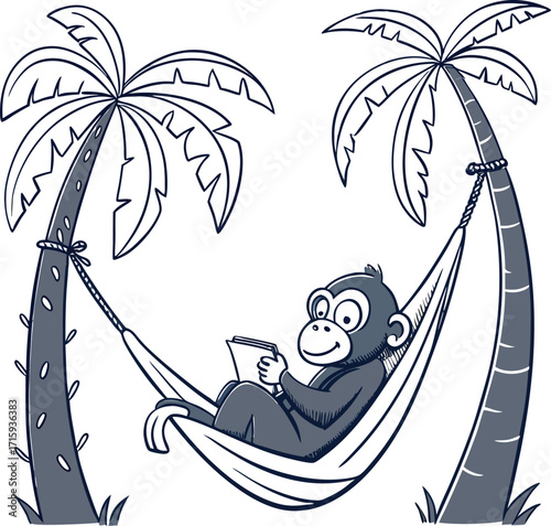 Playful monkey relaxing in a hammock suspended between tropical palm trees