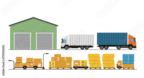 Logistics hub with warehouse, trucks, and cargo in flat design