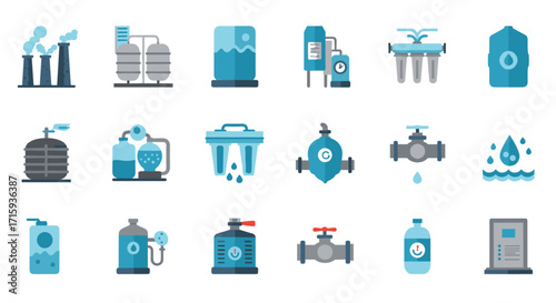Flat style industrial water filtration and treatment icons set