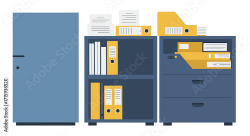 Flat style office filing cabinets and documents