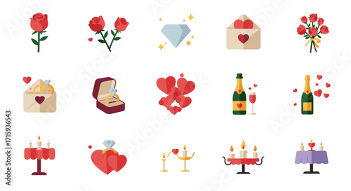 Romantic love elements collection: flowers, diamonds, and candles in flat design