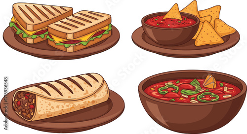 Mexican food illustration, burrito, sandwich, nachos with salsa, tortilla chips, spicy soup, traditional cuisine vector, delicious meal drawing, restaurant design