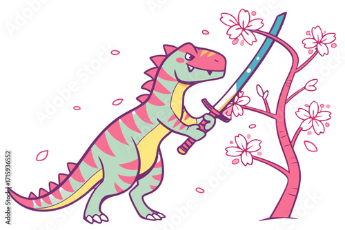 Vibrant cartoon dinosaur wielding a sword near a blooming pink cherry blossom tree with falling petals.
