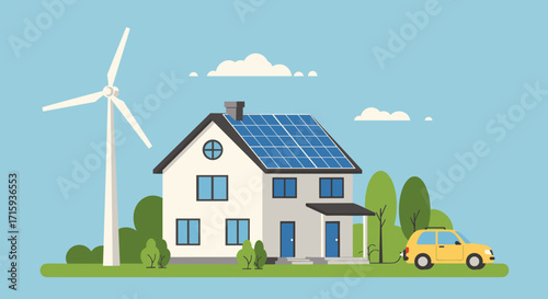 Eco-friendly house with solar panels and wind turbine in flat design