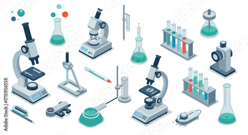 Isometric laboratory equipment set with microscopes and test tubes for scientific research