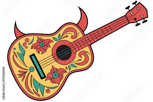 Vibrant cartoon devil guitar featuring intricate red floral and teal leaf patterns on a yellow body.