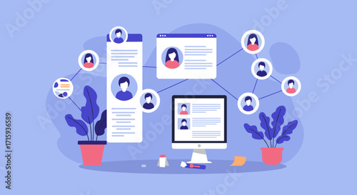 Networking concept with digital profiles on a computer screen in a modern flat design style