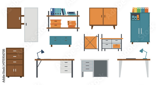 Modern office furniture set with desks, cabinets, and shelves in flat design