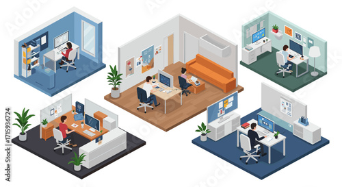 Isometric office interiors with people working at desks in modern workspace designs