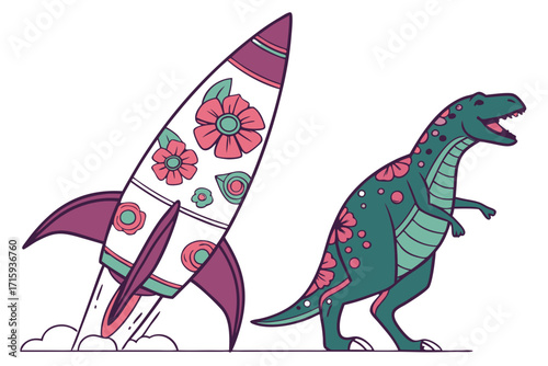 Vibrant cartoon rocket with floral patterns launching beside a roaring teal dinosaur illustration.