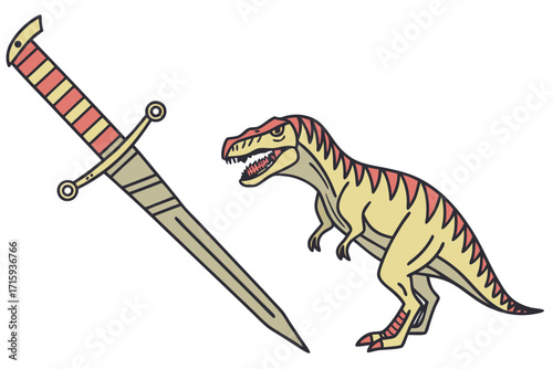 Vibrant Cartoon Tyrannosaurus Rex Dinosaur Roaring and Striped Hilt Sword Flat Design Vector Illustration.