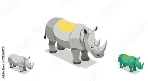 Isometric rhino family in minimalist style on white background