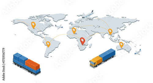 Global shipping routes with 3d map and transportation icons