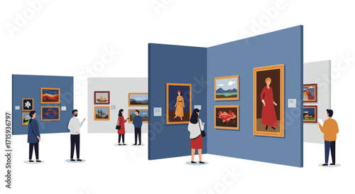 Art gallery visitors exploring modern exhibition with diverse paintings on display