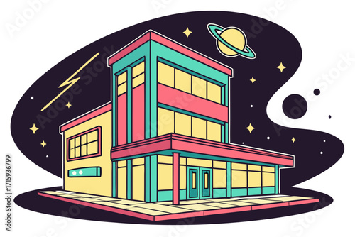 Vibrant geometric building with yellow walls teal frames and striking pink roof accents.