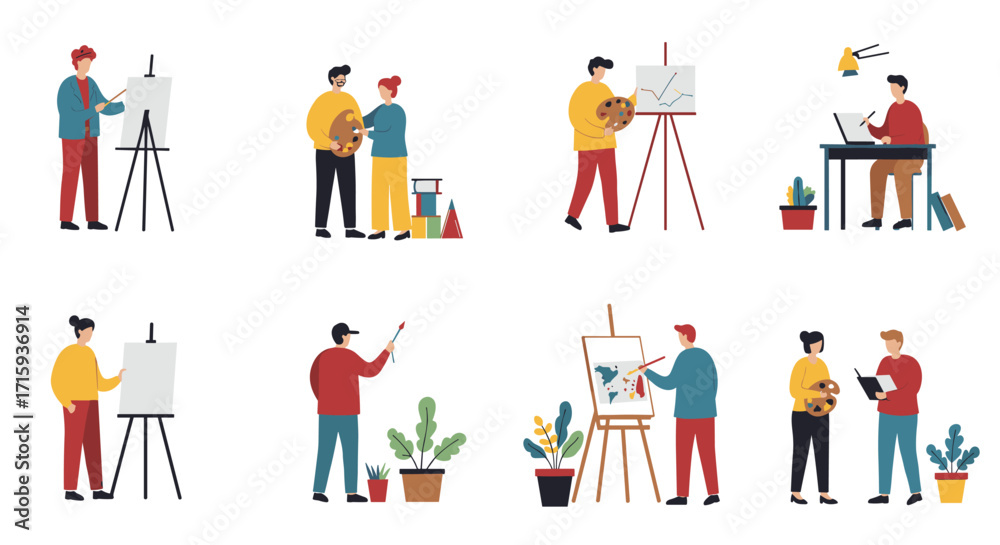 Naklejka premium Creative people painting and collaborating in minimalist art studio scene