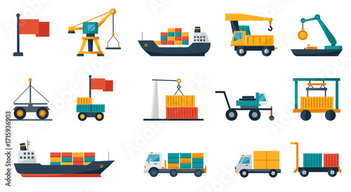 Shipping and cargo equipment icons in modern flat design for maritime logistics and transportation