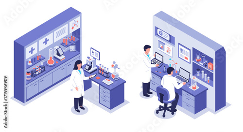 Modern isometric laboratory with scientists conducting experiments and research
