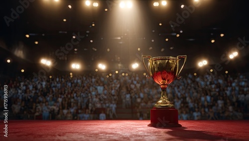 Golden trophy on stage, crowd applauds