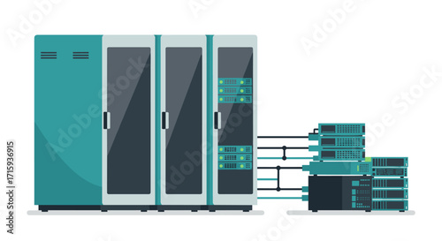 Modern data center server racks and networking equipment in a flat design