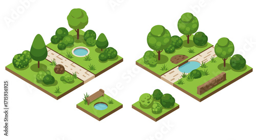 Isometric park design with trees, pathways, and ponds for game environment