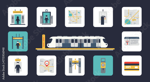 Modern subway system icons featuring maps, tickets, and elevators in a minimalistic flat style