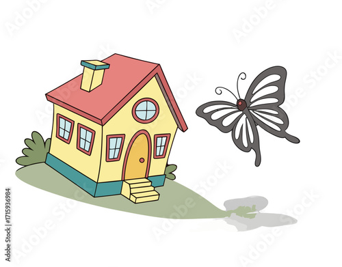 Vibrant Whimsical Cartoon House with Yellow Walls Red Roof Teal Base Chimney and Steps.