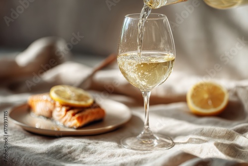 Culinary Harmony: A pristine glass of white wine is poured, poised beside a plate holding grilled salmon and a slice of lemon, capturing the essence of gastronomic pleasure.