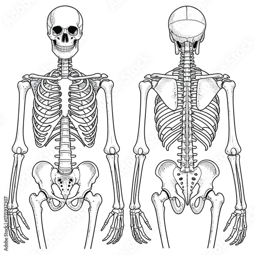 Anatomical skeleton vector illustration front and back views scalable eps icon silhouette vector illustration white background