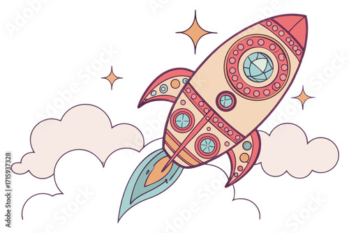 Whimsical cartoon rocket with intricate patterns and colorful details launching upwards.