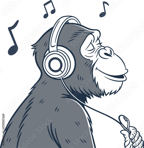 Playful monkey enjoying music with headphones advertisement banner design