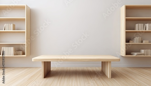 Fototapeta Naklejka Na Ścianę i Meble -  Empty light wood table, bookshelves against white wall