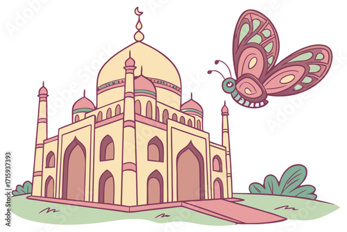 Whimsical cartoon Taj Mahalinspired building with domes minarets and a flying butterfly.