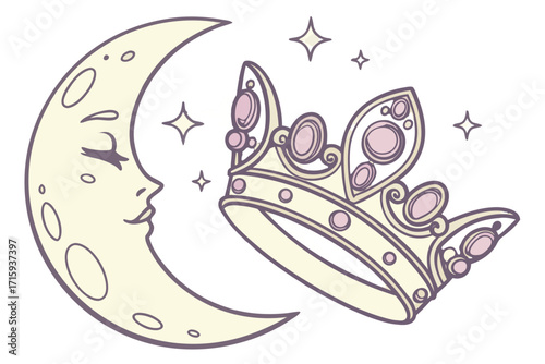 Whimsical crescent moon with closed eyes gazing at an ornate royal crown adorned with pink gems and sparkles.