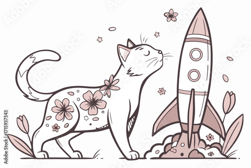 Whimsical white cat with pink floral patterns looking up at a cartoon rocket launch.