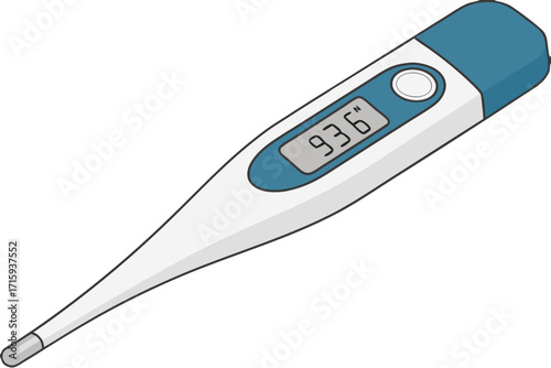 White and blue digital medical thermometer displaying 936 on its screen.