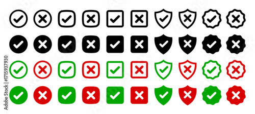 Right and wrong icon set, Yes and no symbols, Check mark and cross collection, Approval and rejection signs, Tick and x in green red black shapes, Vector illustration.