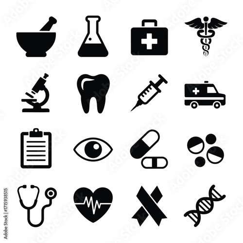 Medical and healthcare icons collection vector set for health and science illustrations silhouette vector illustration white background