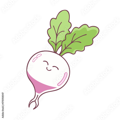 A smiling cartoon turnip or radish, fresh and simple illustration style