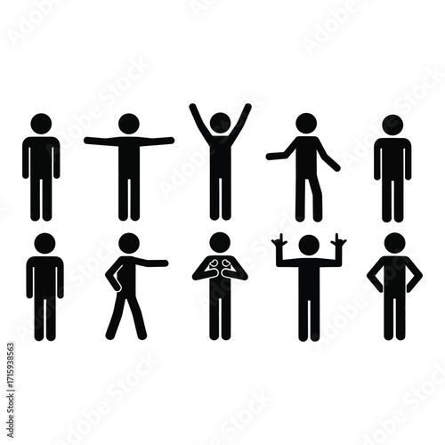 Collection of diverse stick figure poses representing various human actions and emotions silhouette