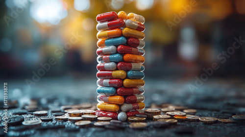 Capsules stacked on coins in a downtown market during sunset