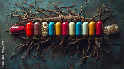 Colorful capsules arranged on a textured surface resembling roots of a plant