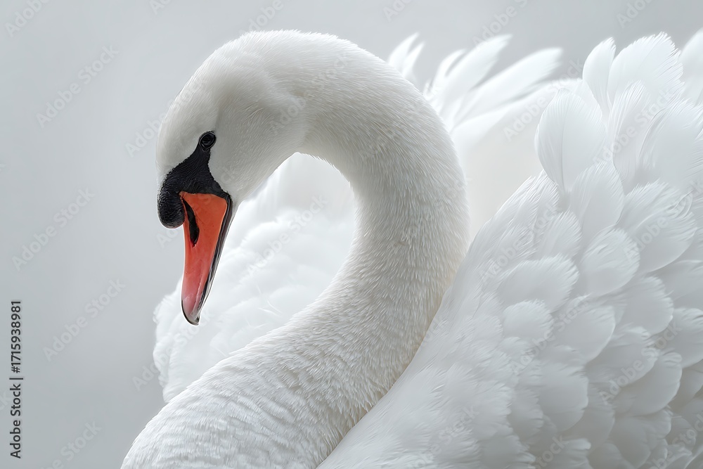 Obraz premium Swan white primary feather arched gracefully with perfect symmetry against clean white background 