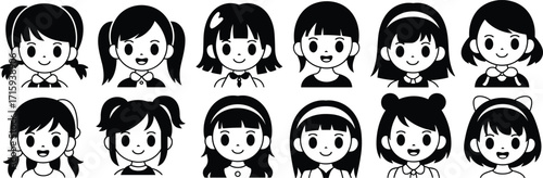 Cartoon girl illustration, black and white sketch, diverse hairstyle, smiling face, character design, cute expression, headband, bow, simple line art