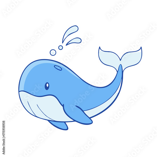 Cute cartoon blue whale character spouting water on a white background