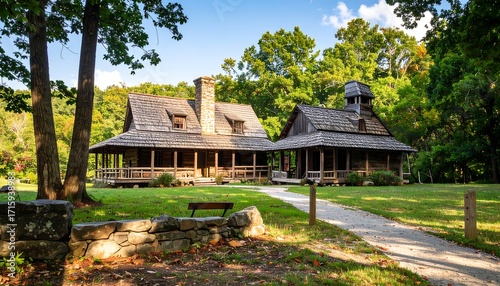 Rustic Log Cabins and Church in a Sunny Forest Setting