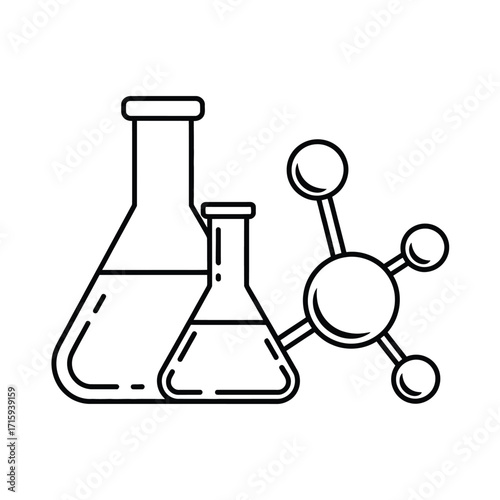 Black and white line drawing vector illustration of chemistry flasks and molecular structure silhouette vector illustration white background