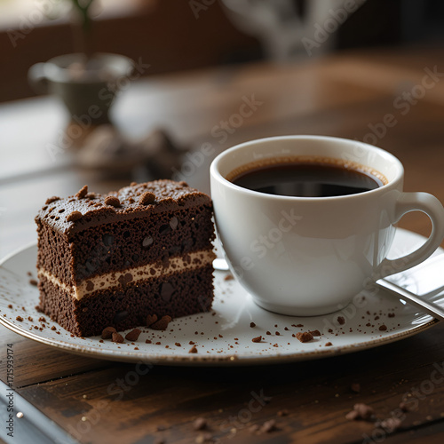 Delicious chocolate cake and coffee on a plate
