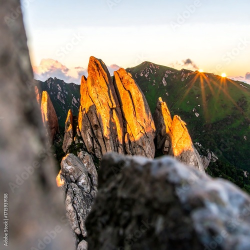 Sunrise over rocky peaks