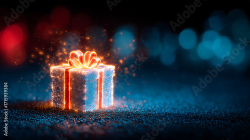 A magical, brightly glowing gift box, outlined in fiery orange and red light, sits on a dark, textured surface with blue undertones, surrounded by contrasting red and blue holiday bokeh lights.